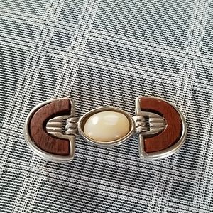 Wood Silver White Moonstone Asymmetry Brooch